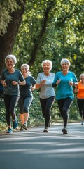 Obraz premium A group of older women are running together in a park. They are smiling and enjoying their time