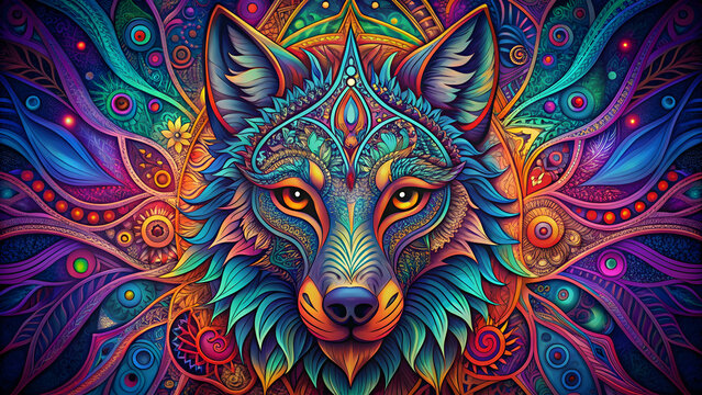 Psychedelic wolf head with intricate mandala patterns , Wolf, psychedelic, head, symmetrical, mandala, shapes