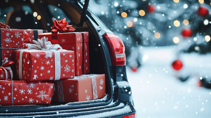 A banner photo with copy space for text of a car boot/ trunk filled with Christmas present, gift boxes with a Christmas theme background