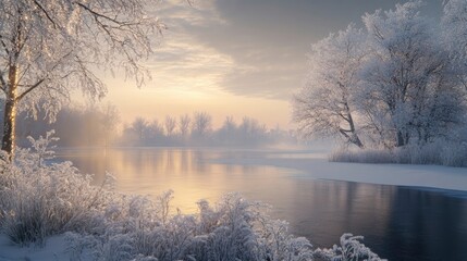 A peaceful frozen lake framed by frosted trees, with the soft light of dawn just beginning to illuminate the snow-covered landscape.