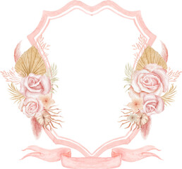 Vintage Crests and Monograms with boho tropical roses Watercolor illustration