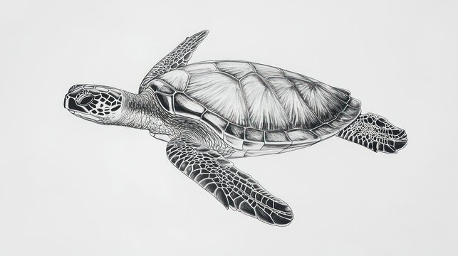 Black and White Hand Drawn Illustration of a Sea Turtle