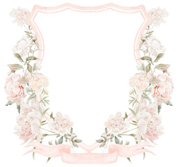 Vintage Crests and Monograms with Pale Flowers roses Watercolor illustration