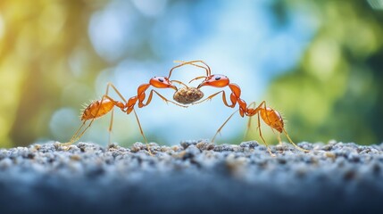 Ant action standing.Ant bridge unity team,Concept team work together Red ant,Weaver Ants (Oecophylla smaragdina), Action of ant carry food