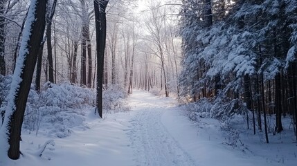 Naklejka premium A peaceful morning hike through a snowy forest, with frosty trees lining the path and fresh snow crunching underfoot.