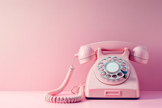 Image of a pink vintage telephone on a pastel background