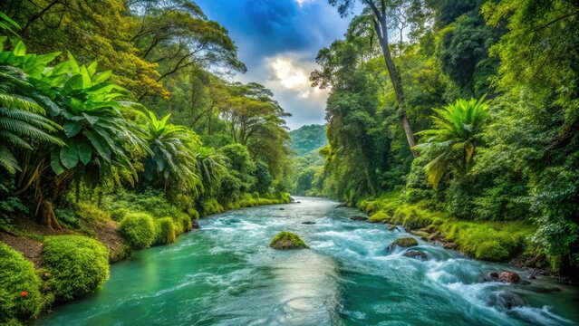 Tranquil Tempisque River meanders through vibrant greenery, embodying Costa Rica's lush natural landscape, creating a serene atmosphere that captivates all who experience its beauty.