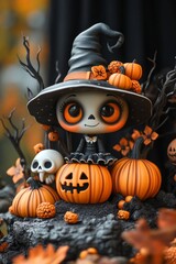 Adorable Halloween Witch Figures with Pumpkins and Skulls - Festive Fantasy Collection