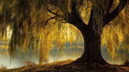Fototapeta premium Weeping willow tree with golden leaves by a lake.