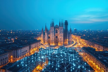 Milan Cathedral at Night with Illuminated Network Connections