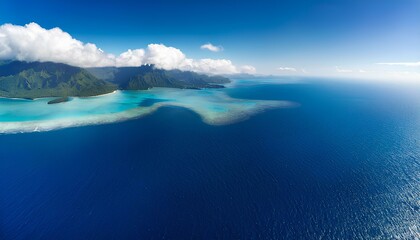 Photo of underwater ocean, mountains and clouds in summer day