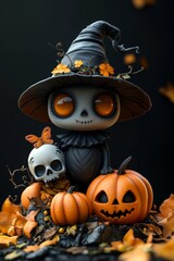 Adorable Halloween Witch Figures with Pumpkins and Skulls - Festive Fantasy Collection