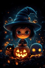 Fototapeta premium Adorable Halloween Witch Figures with Pumpkins and Skulls - Festive Fantasy Collection