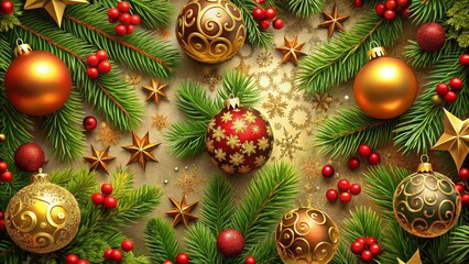 Christmas background showing baubles, stars and fir branches on a golden background