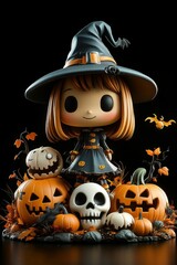 Adorable Halloween Witch Figures with Pumpkins and Skulls - Festive Fantasy Collection