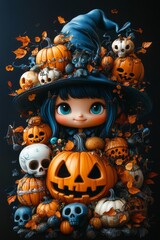 Adorable Halloween Witch Figures with Pumpkins and Skulls - Festive Fantasy Collection