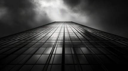 A Low-Angle View of a Tall Skyscraper Against a Stormy Sky