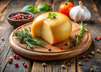Savory scamorza cheese, boasting a golden crust, presented artfully on a rustic wooden board, accompanied by aromatic herbs and vibrant spices for a delightful experience.