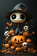 Adorable Halloween Witch Figures with Pumpkins and Skulls - Festive Fantasy Collection