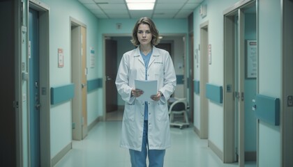 Woman in White Coat Holding Documents in Hospital Corridor