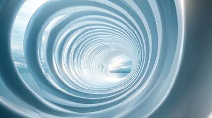 A spiral shaped tunnel with a blue sky in the background