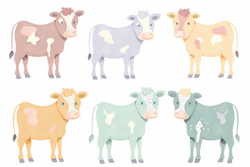Set of 6 cows in various pastel colors