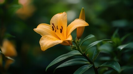 Obraz premium Yellow Lily Flower with Dew Drops on Petals