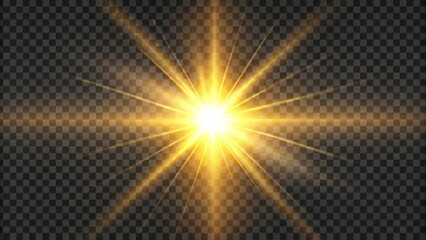 Golden light explosion shining on transparent background, ideal for overlay design