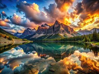 Obraz premium Majestic peaks rise under a stunning sunset sky, adorned with dramatic clouds, while a serene, reflective lake mirrors the breathtaking scene below. Natureâ€™s artistry unveiled.