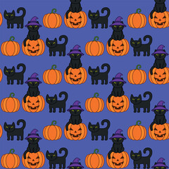 Halloween cartoon seamless pattern. Cute black cat, orange pumpkin. Animal holidays character. Vector.