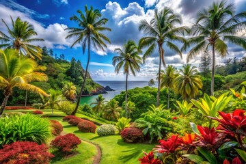 Fototapeta premium Lush tropical scenery at Keanae Arboretum features vibrant flora, stunning landscapes, and the breathtaking natural beauty of Hawaii's lush environment for a captivating experience.