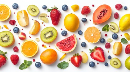 Fresh assorted fruits, white isolate background