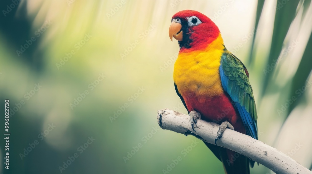 Wall mural A vibrant red, yellow, and blue parrot perched on a branch