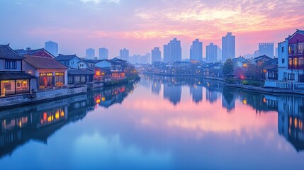 Fototapeta premium Waterway Reflections of a Cityscape at Twilight