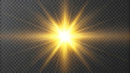 Golden light explosion shining on transparent background, ideal for overlay design