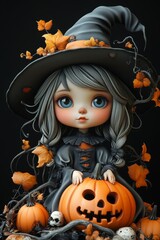 Adorable Halloween Witch Figures with Pumpkins and Skulls - Festive Fantasy Collection