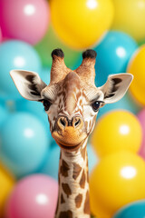 Creative animal concept with giraffe. Birthday party card, invite invitation banner 