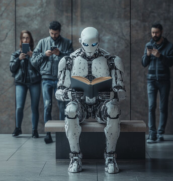 Androide che legge un libro mentre tutti gli altri attorno guardano il cellulare. Concetto di apprendimento dell'IA in contrapposizione con la dipendenza dal cellulare dell'uomo.