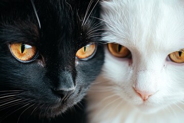 A close up of a cute black cat and a cute white cat, fluffy, adorable big eyes