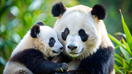 Obraz premium Loving mother panda bear caring for her adorable baby panda , wildlife, motherhood, parenting, nature, animals, love, cute