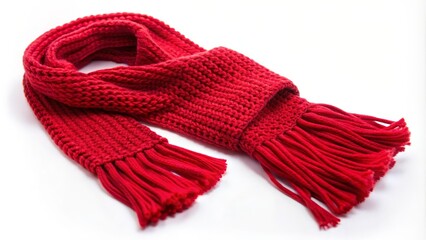Red knitted wool scarf folded on a white background, representing winter fashion and warmth