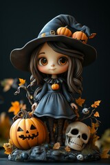 Adorable Halloween Witch Figures with Pumpkins and Skulls - Festive Fantasy Collection