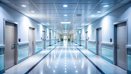 Fototapeta premium Long hospital corridor with rooms, seats, and bright lighting , hospital, corridor, rooms, seats, bright, long, rendering