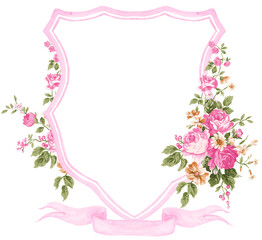 Vintage Crests and Monograms with Pink Flowers roses Watercolor illustration