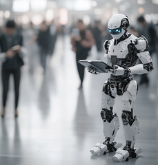 Obraz premium Androide che legge un libro mentre tutti gli altri attorno guardano il cellulare. Concetto di apprendimento dell'IA in contrapposizione con la dipendenza dal cellulare dell'uomo.