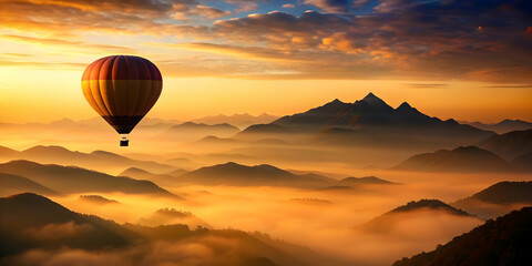 Silhouette of a vintage hot air balloon floating over a mountain range, silhouette, hot air balloon, vintage, mountain, scenery