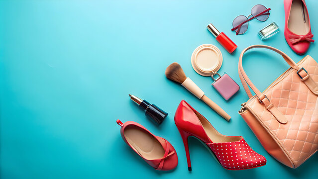Women's accessories floating over a blue background, including handbag, shoes, purse, lipstick, and mirror, women, accessories