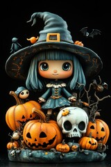 Adorable Halloween Witch Figures with Pumpkins and Skulls - Festive Fantasy Collection