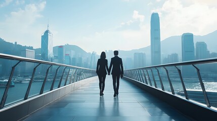 A Business Couple Walking on a Bridge Overlooking Hong Kong Cityscape