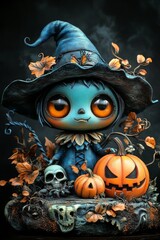 Adorable Halloween Witch Figures with Pumpkins and Skulls - Festive Fantasy Collection